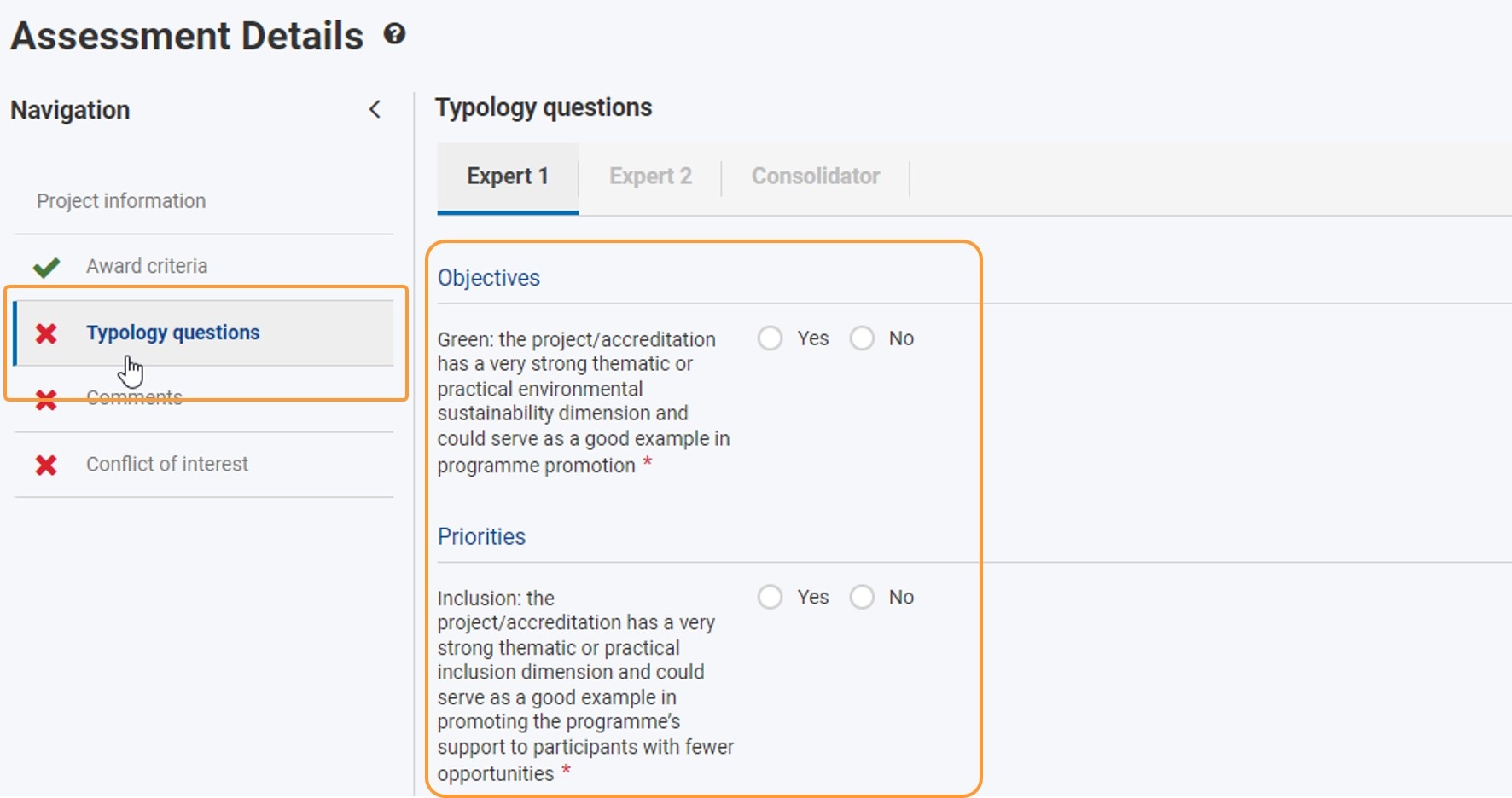 Access the Typology questions from the Navigation menu and answer the questions