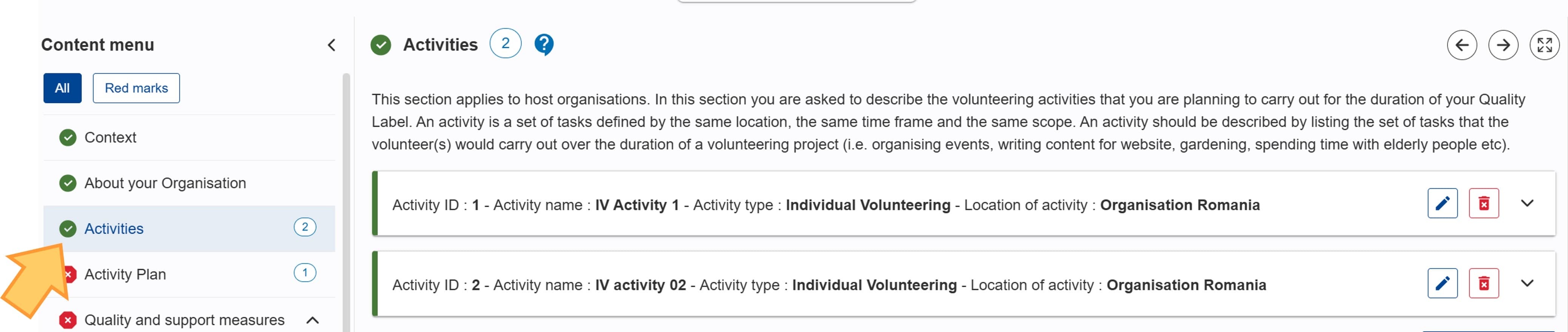 Activities section is complete