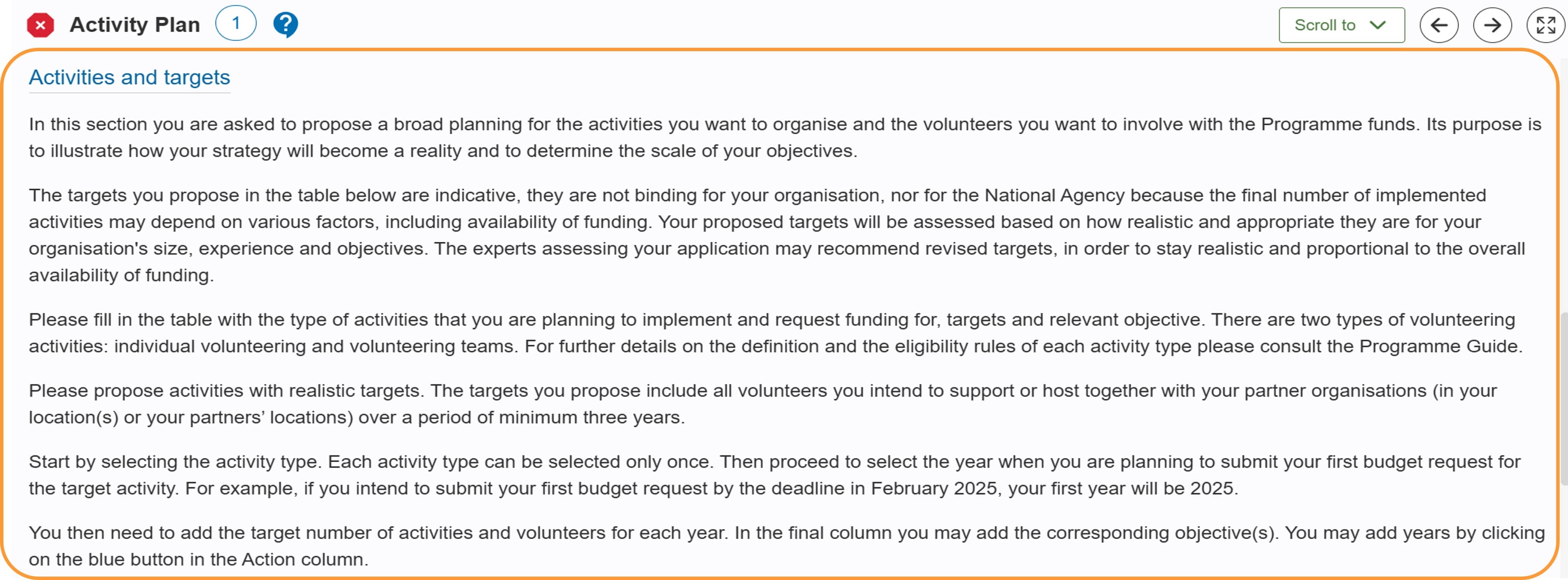 Read the Activities and targets introduction