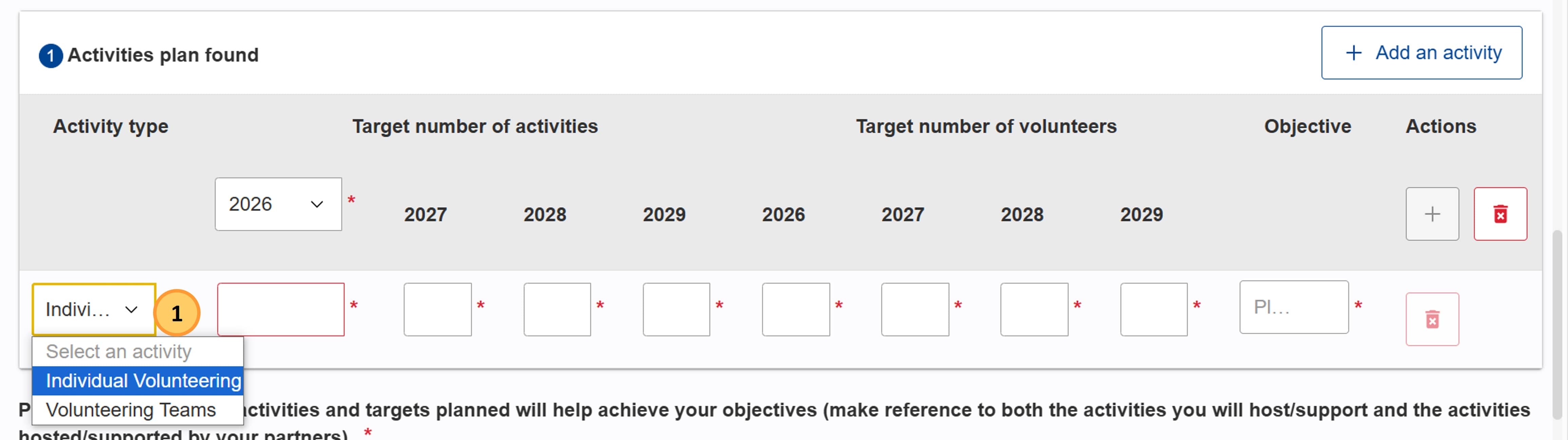 Select an activity type from the drop-down list