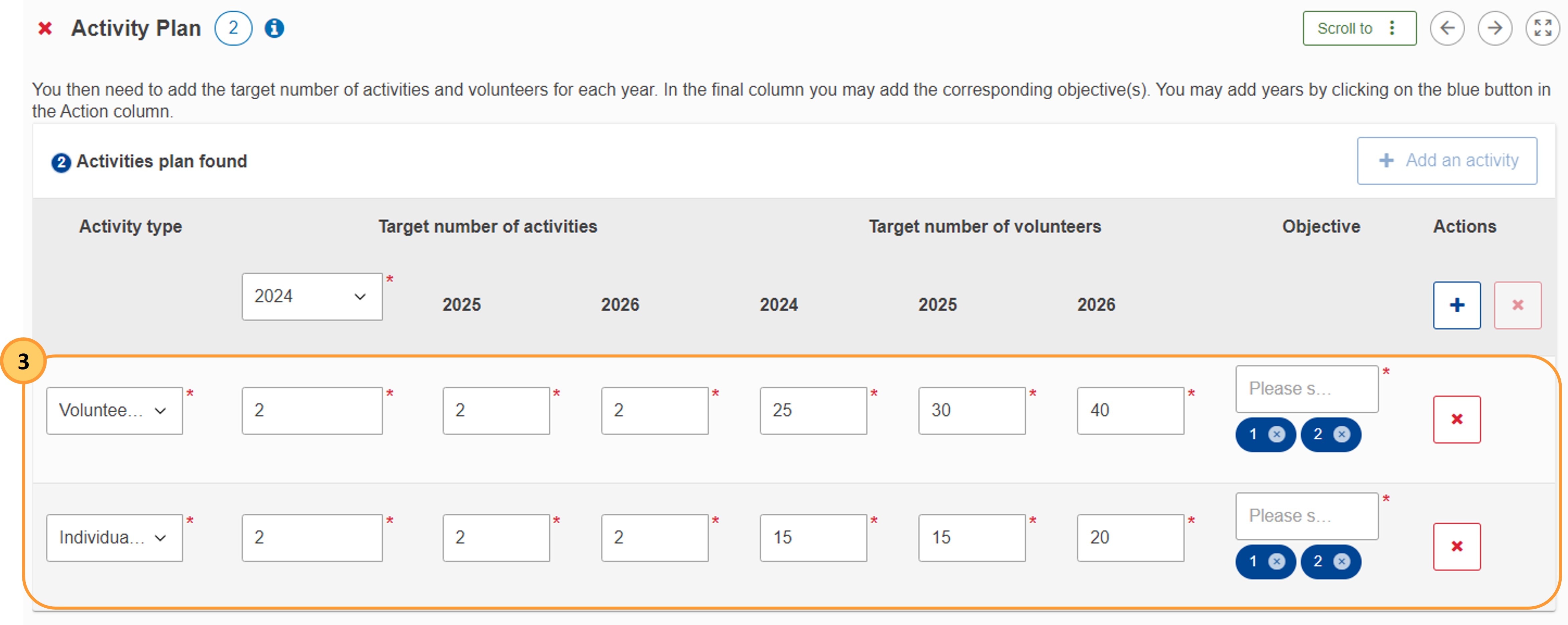 Fill in the target number of activities and volunteers