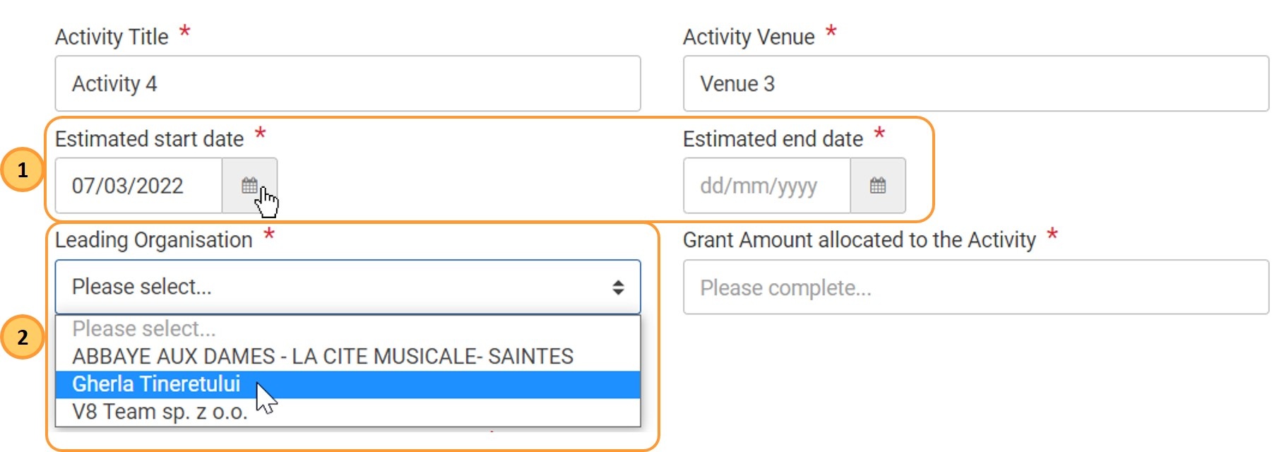 Select the estimated activity dates and the Leading organisation