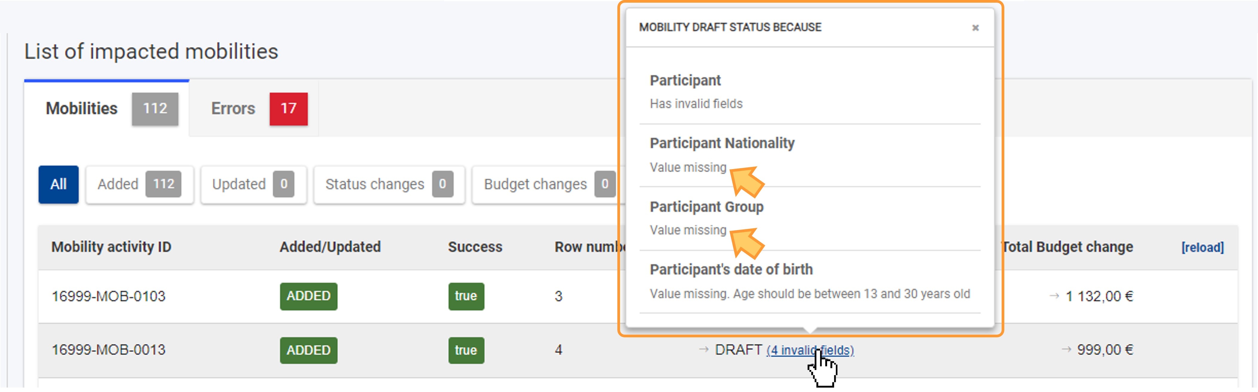 Invalid fields for draft mobility activity