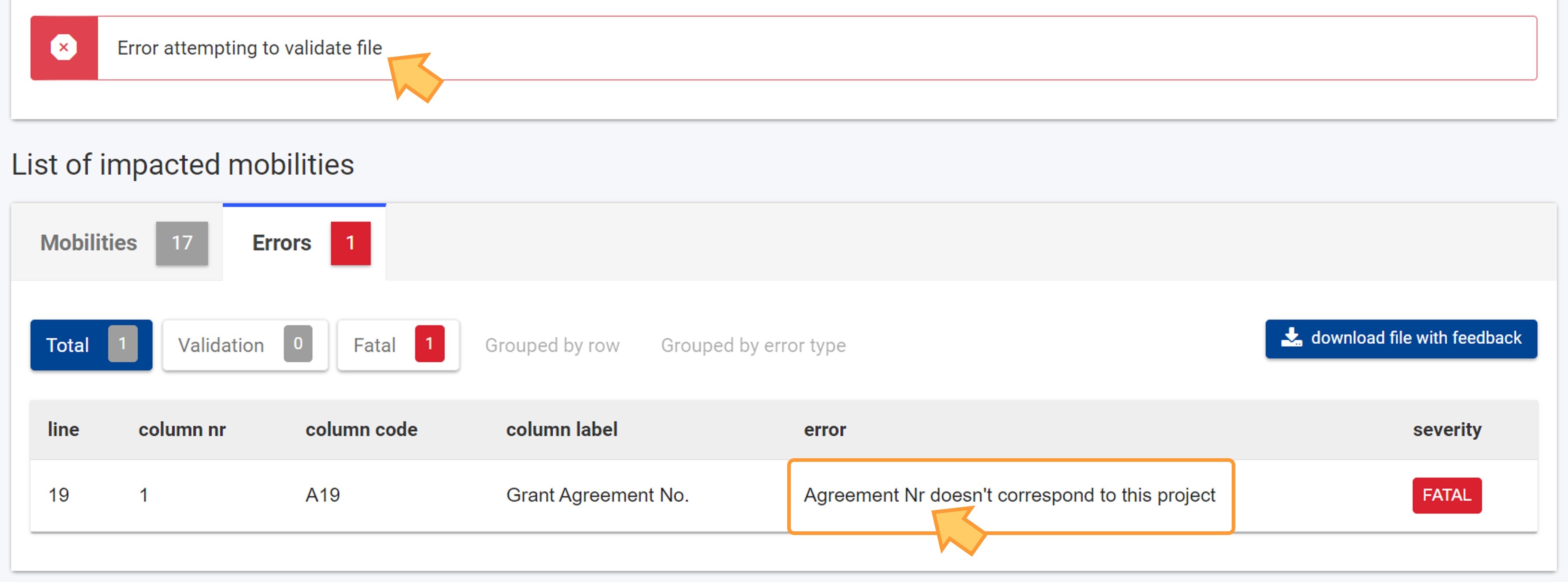 Failed import due to wrong Grant Agreement number