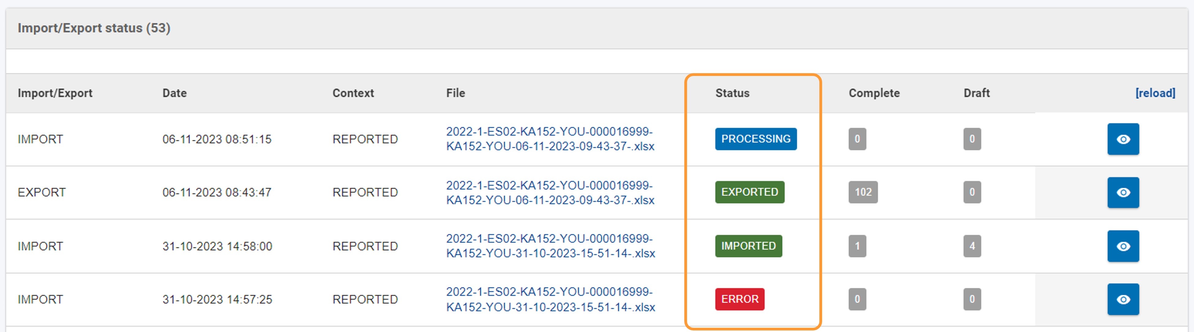 Import and export statuses