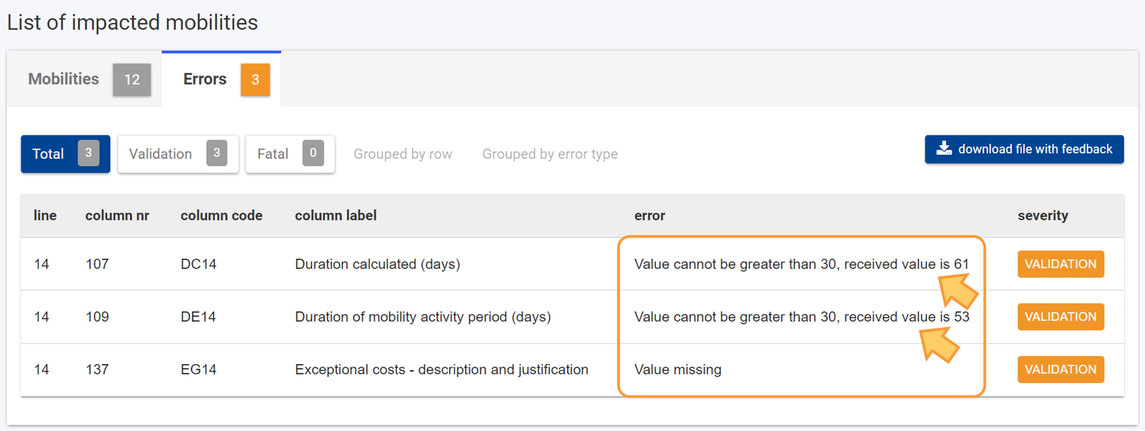 Example of Validation errors with incorrect values