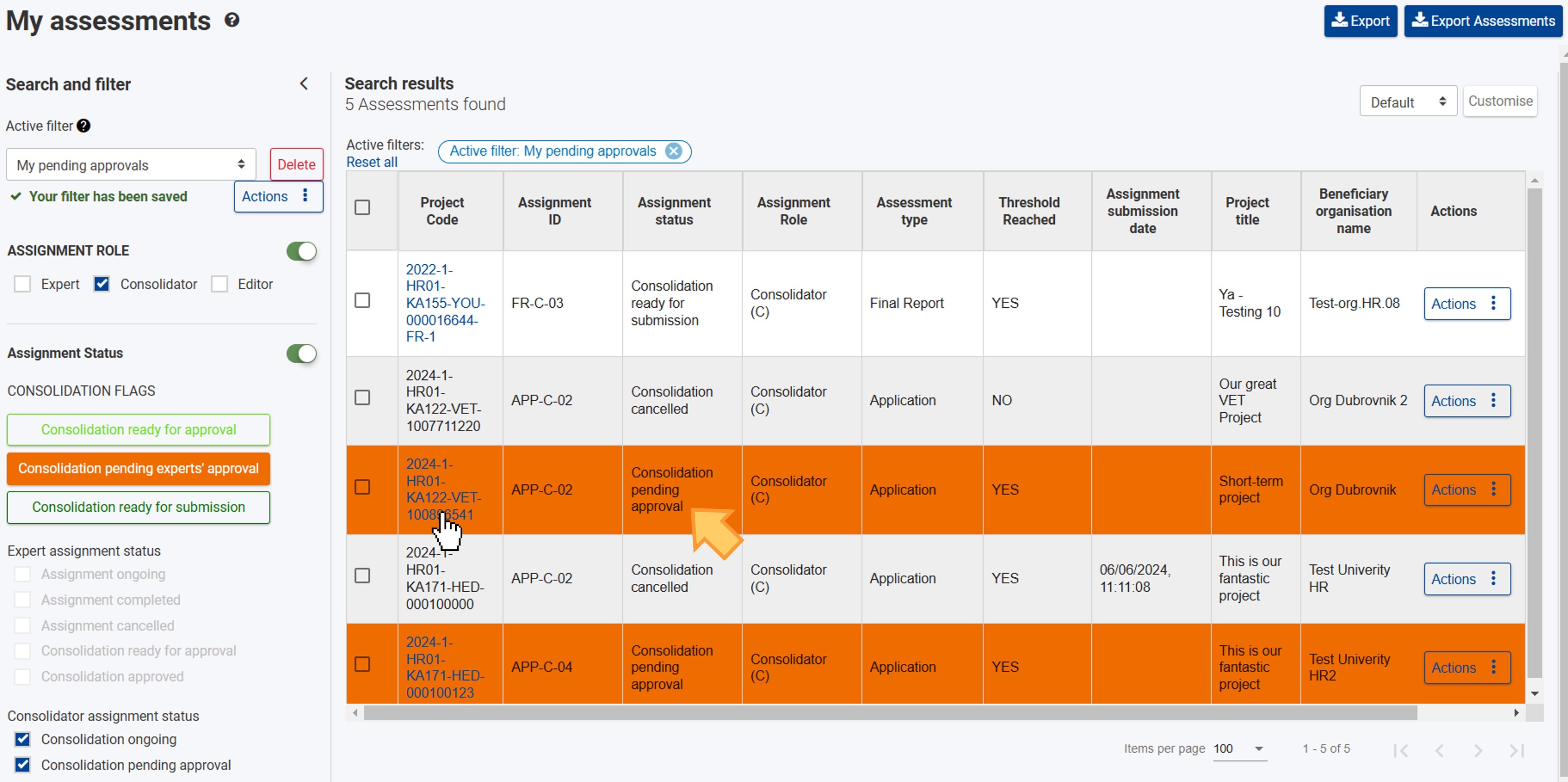 Open the consolidator assignment in status Consolidation pending approval from My Assessments
