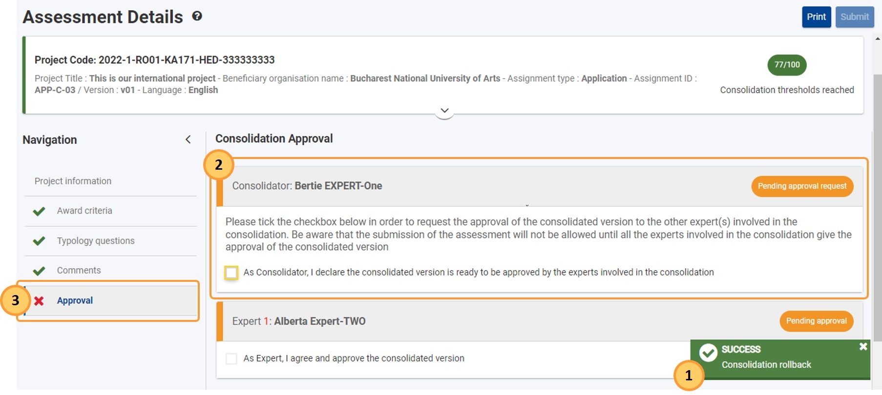 Expert approval request rolled back