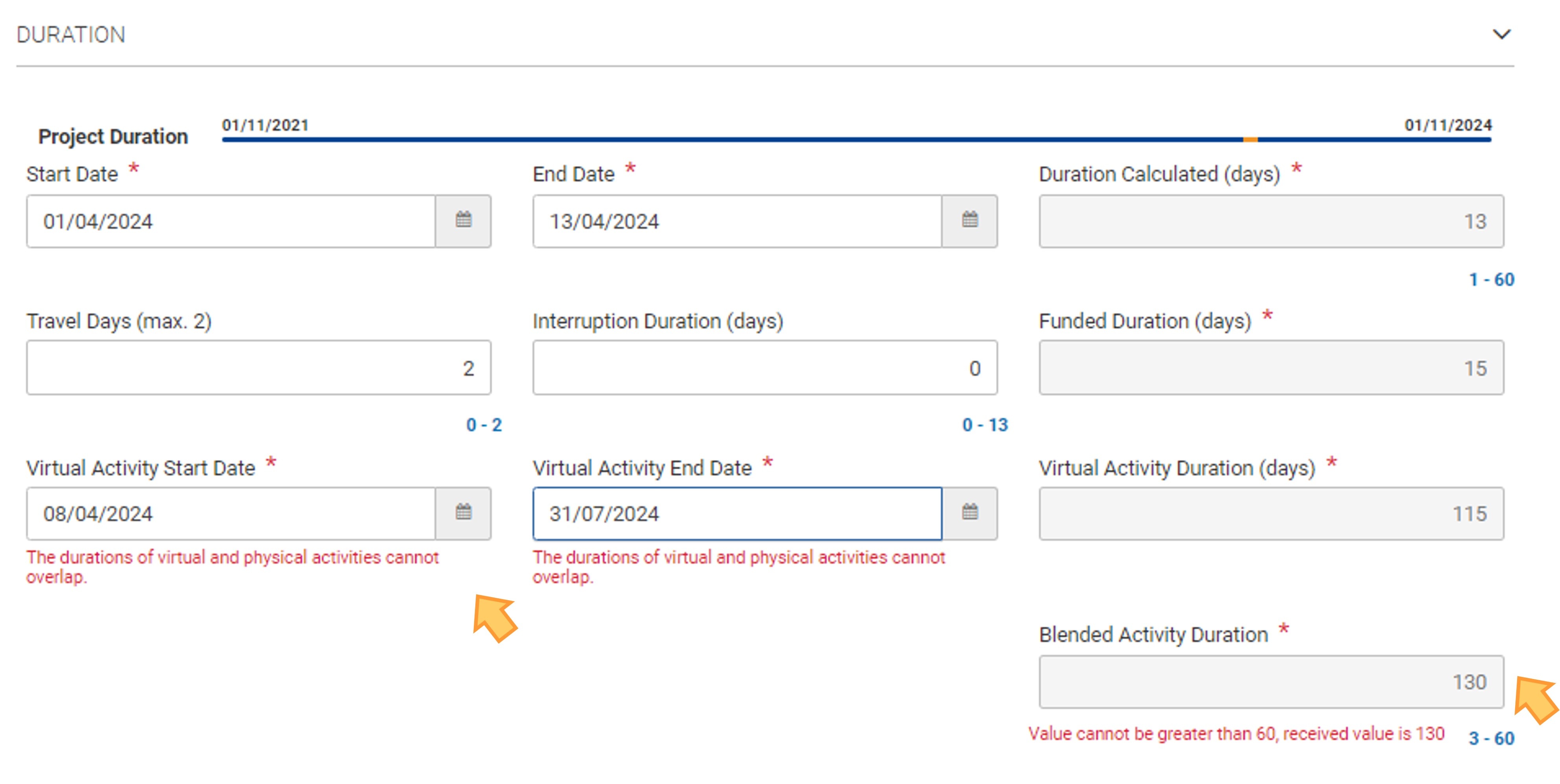 Duration limitations in a blended activity