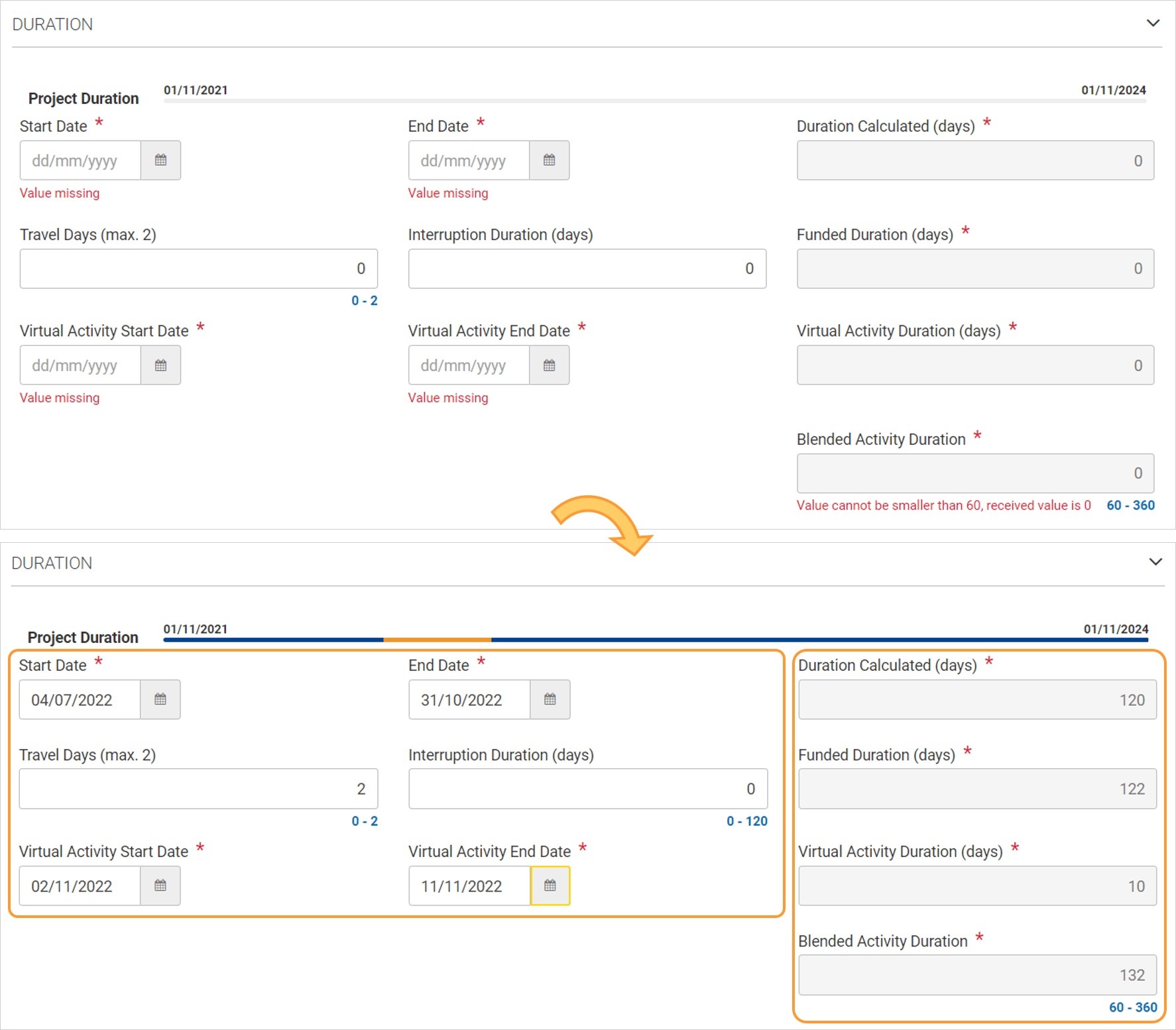 Complete the duration section, example for Blended activity