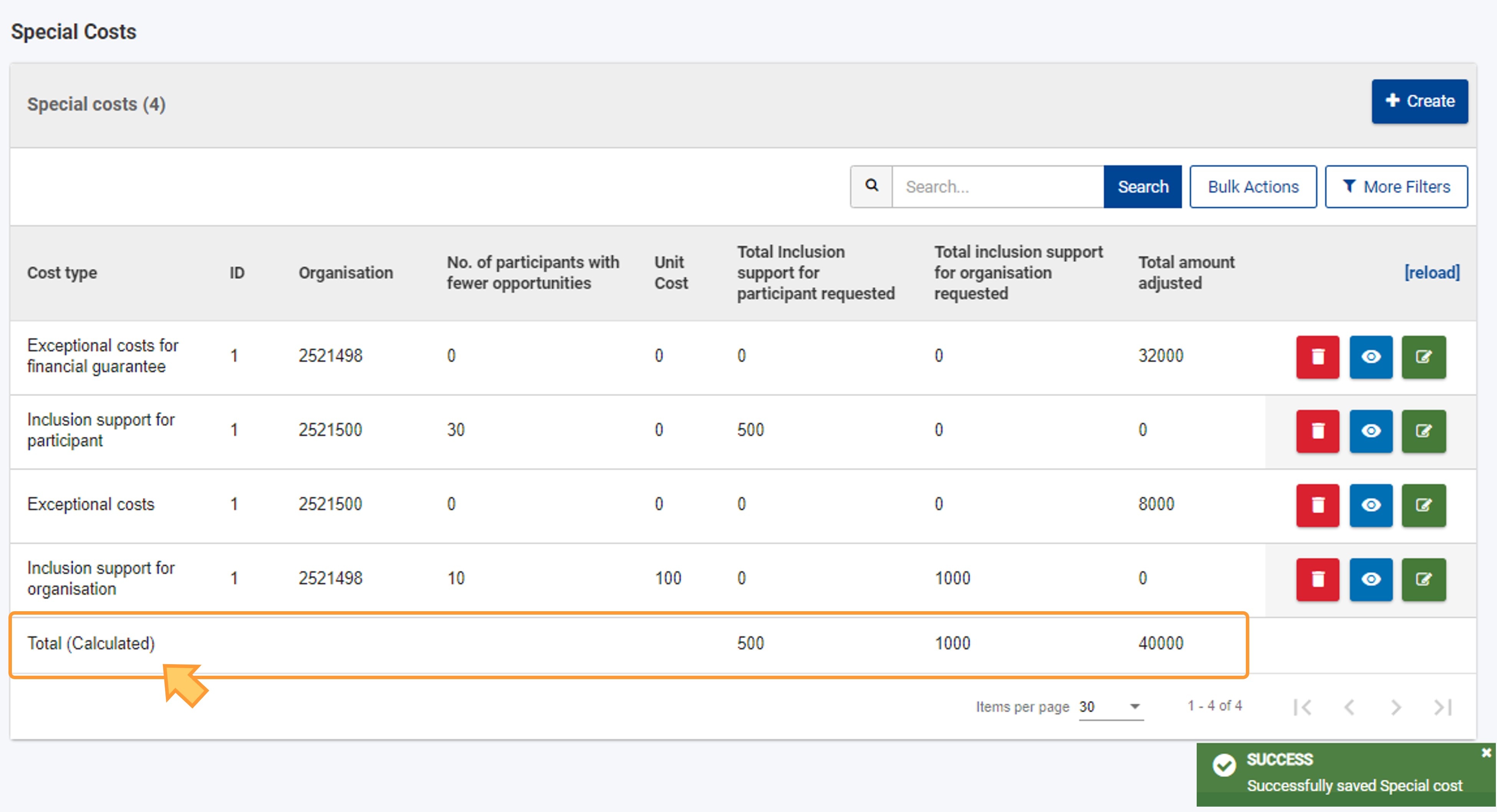 Special Costs added to project