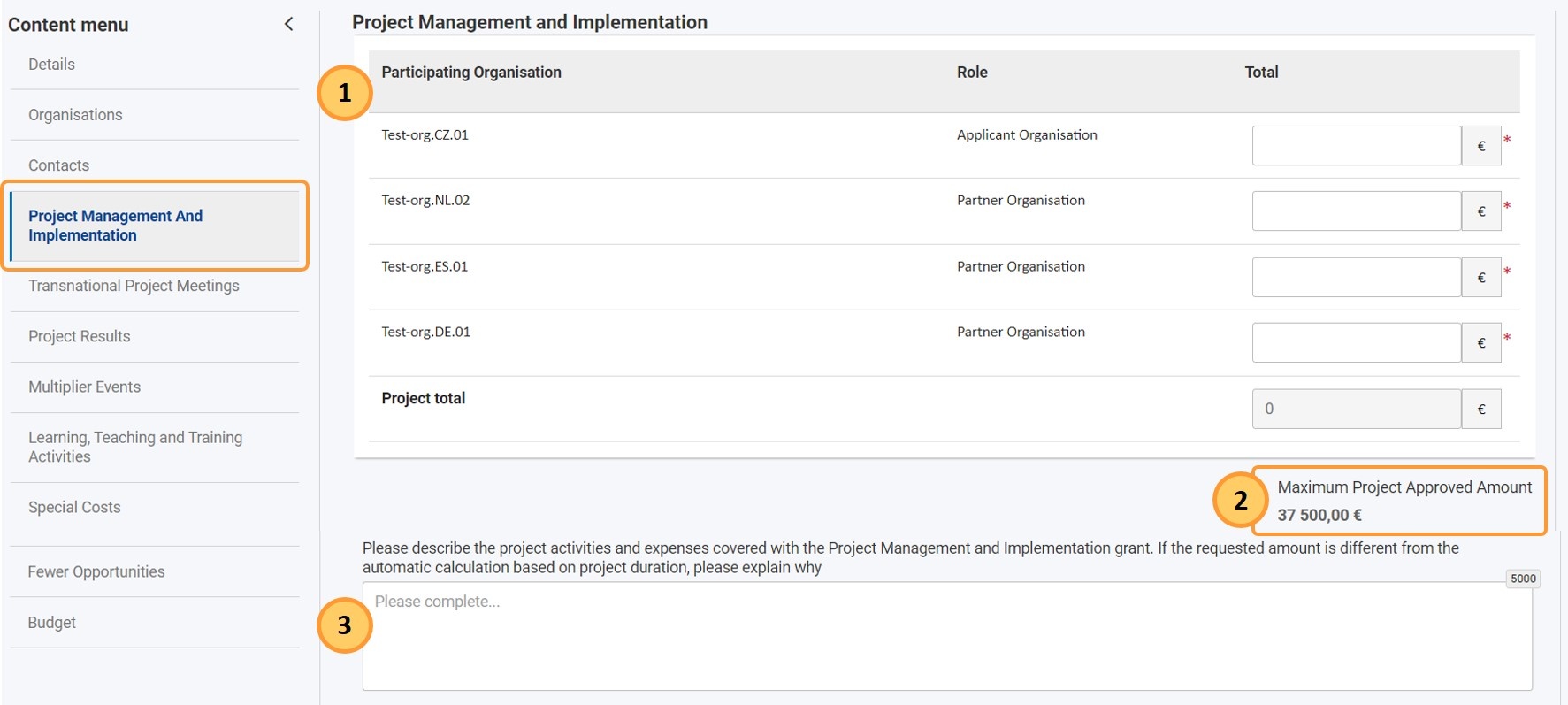 Project Management and Implementation screen
