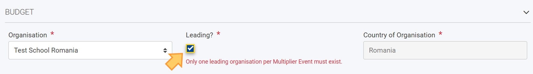 Warning message if leading organisation already exists for the event