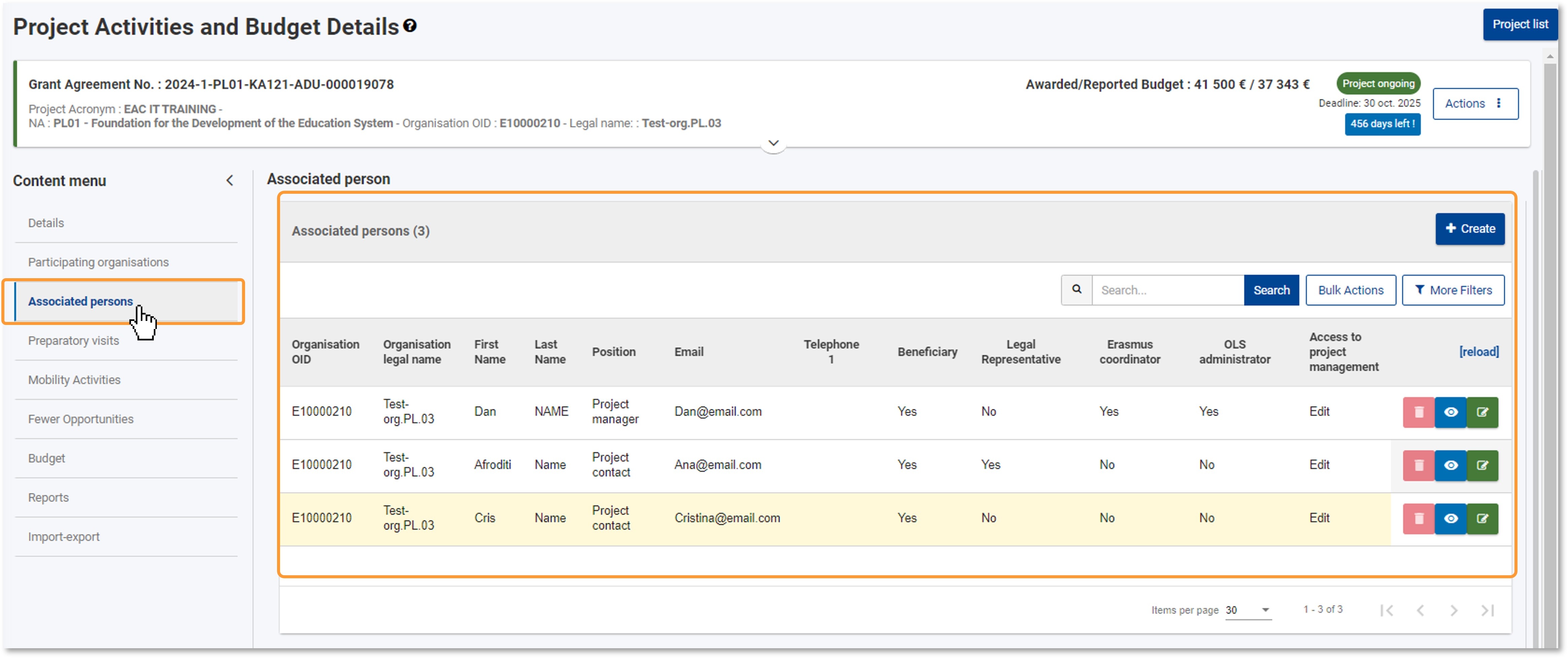 Access the 'Associated persons' section from the Content menu