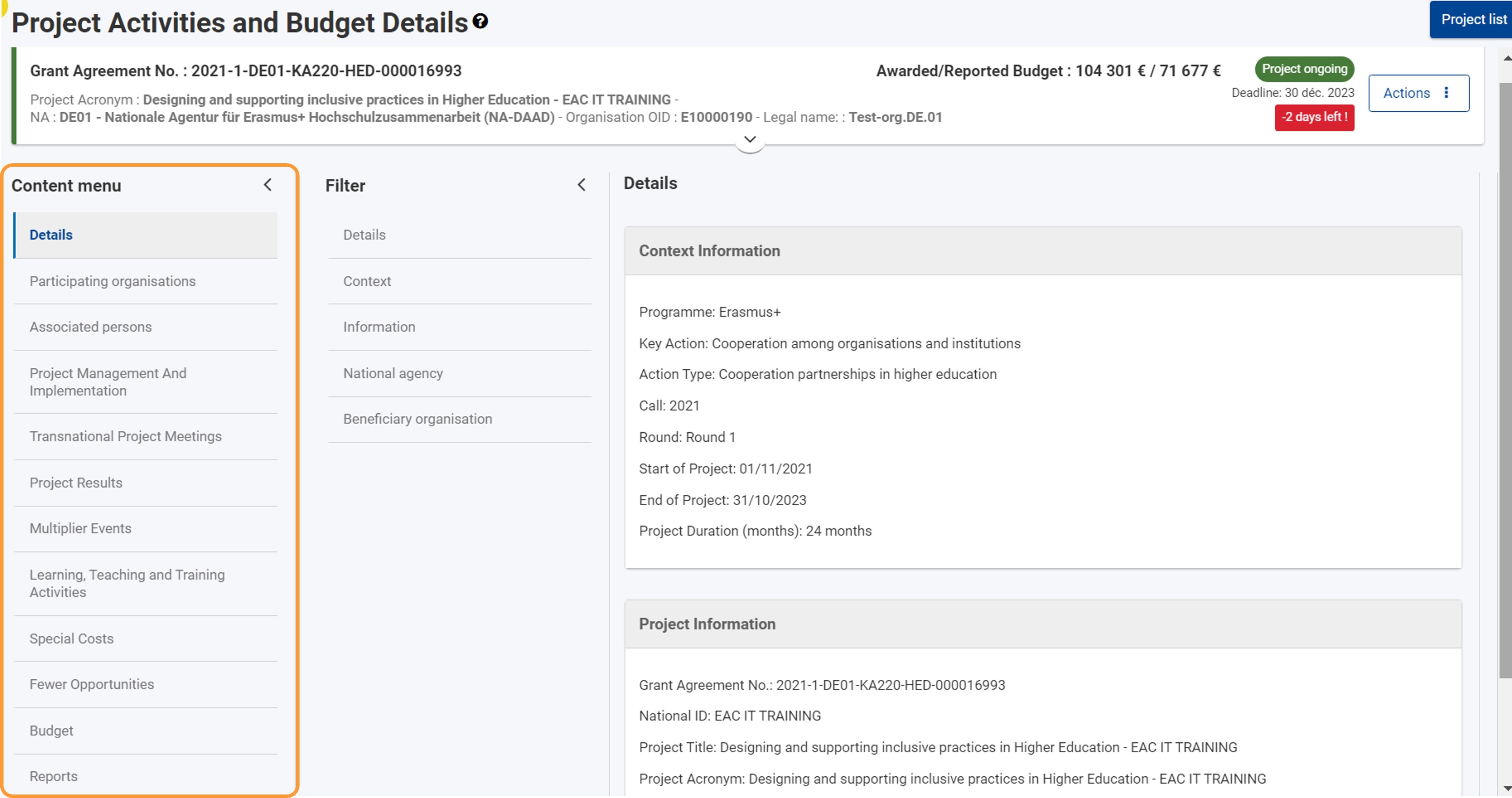 Project sections in a KA220, 2021, project Project sections in a KA220, 2021, project