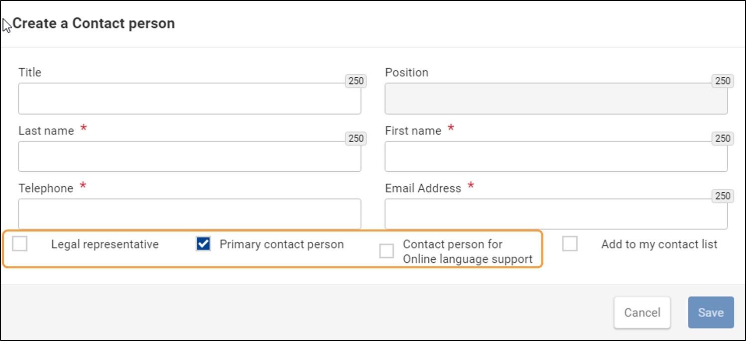 Select the person's role - Example Primary contact person