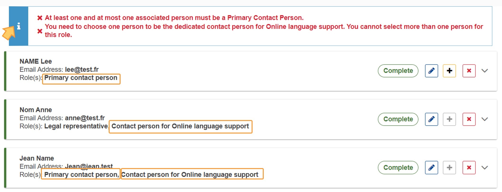 Error message in case of too many Primary contacts or contacts for Online language support