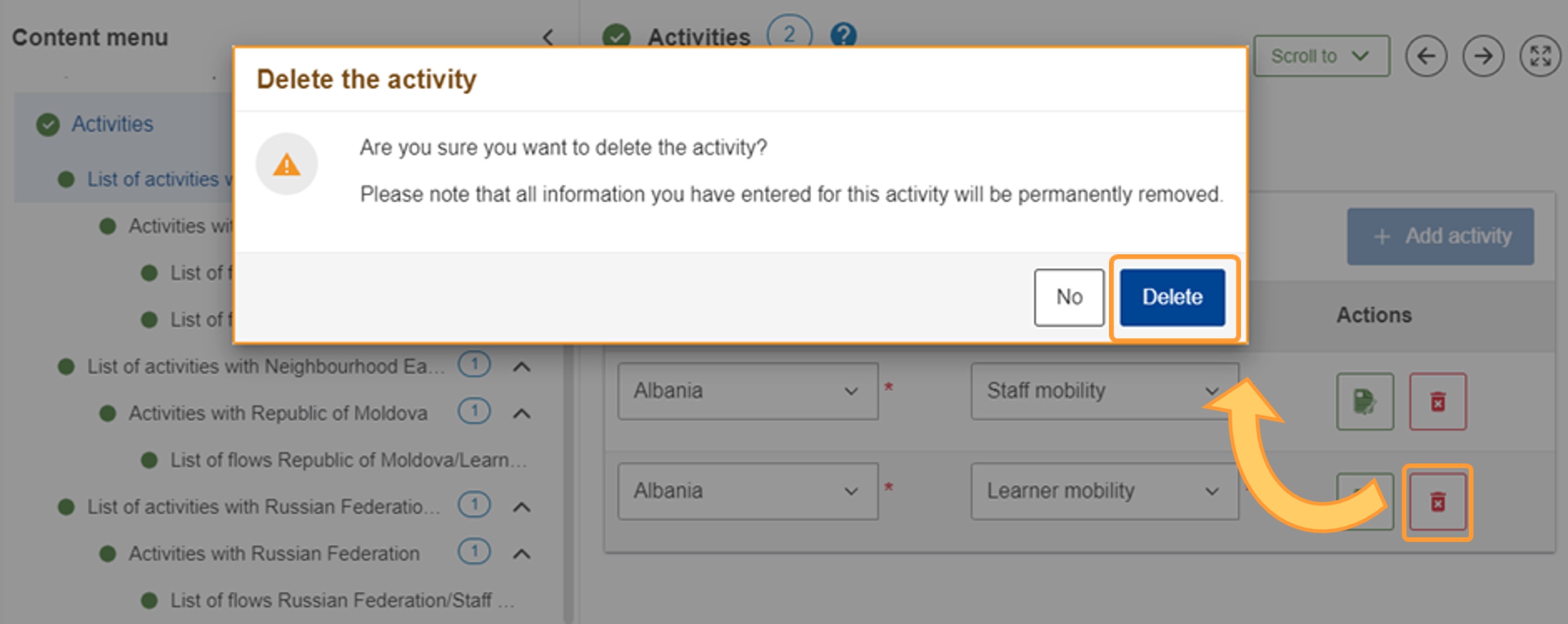Delete an activity