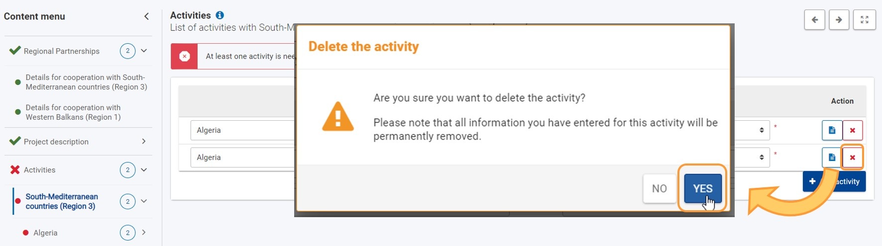 Delete an activity