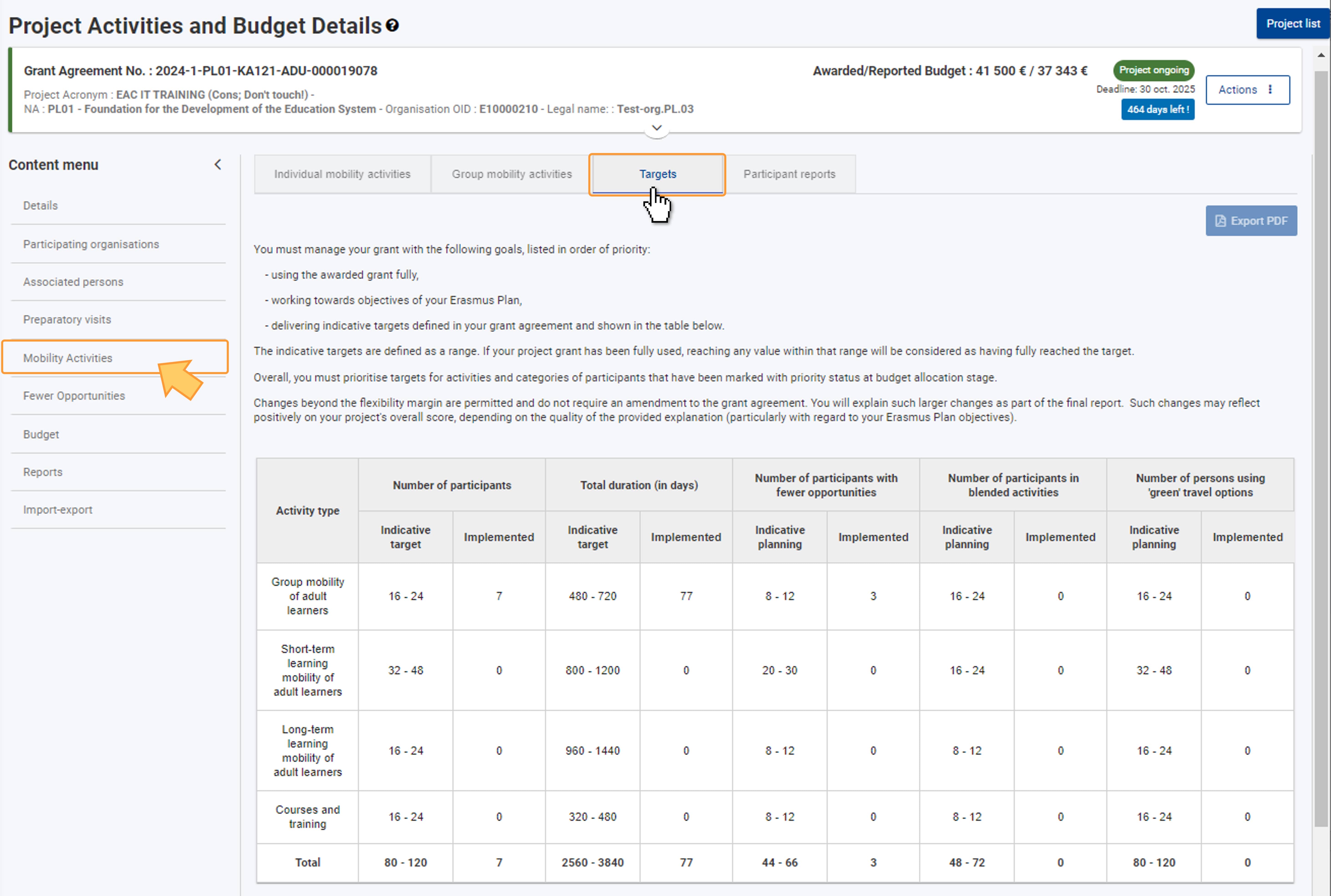 The 'Targets' tab in the KA121 Mobility activities section