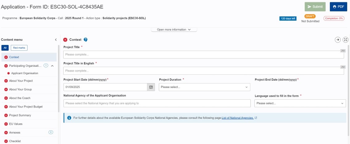 Sections in ESC30 Application form