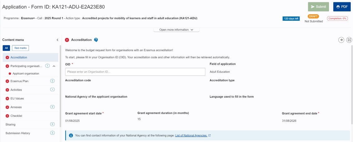 Sections in KA121 Application form