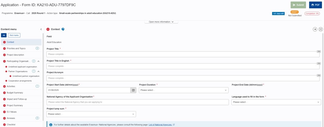 Sections in KA210 Application form