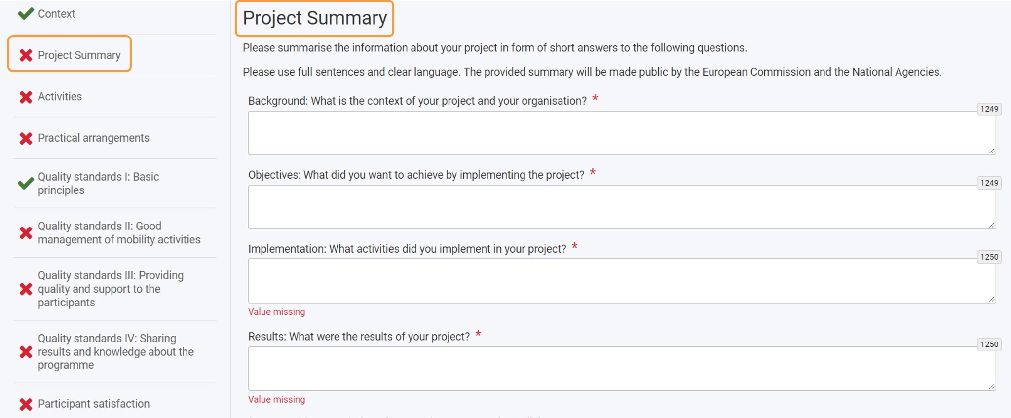 Fill in the Project Summary section