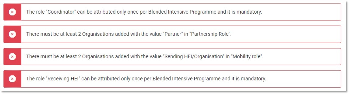 Warning messages regarding the role of the organisations in the partnership