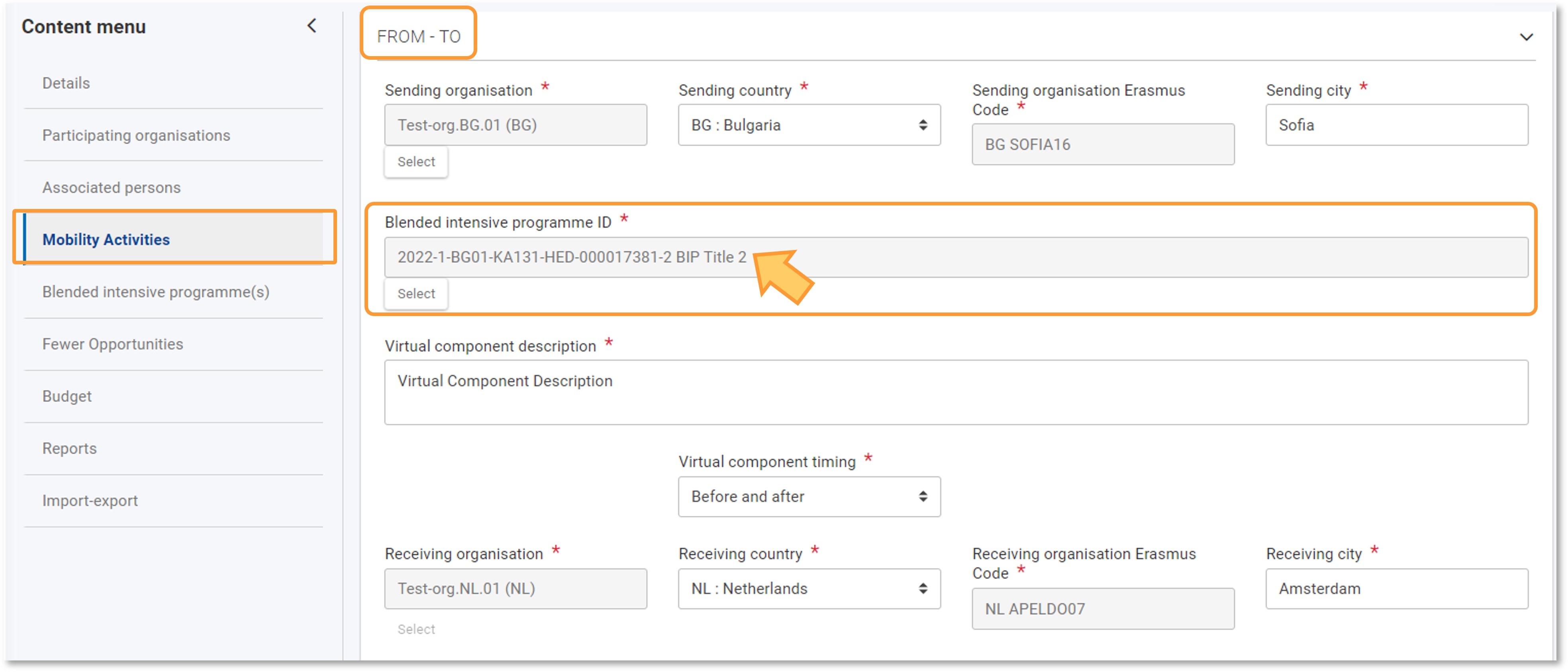 Example screen of a linked Blended Intensive Programme viewed in the mobility activities From-To section