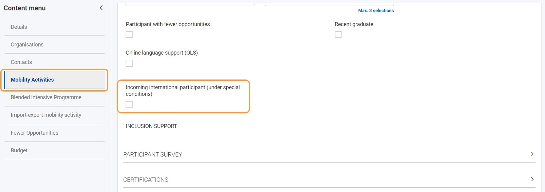 Example of Incoming international participant (under special conditions) flag in mobility activity details in a KA131 project Example of Incoming international participant (under special conditions) flag in mobility activity details in a KA131 project
