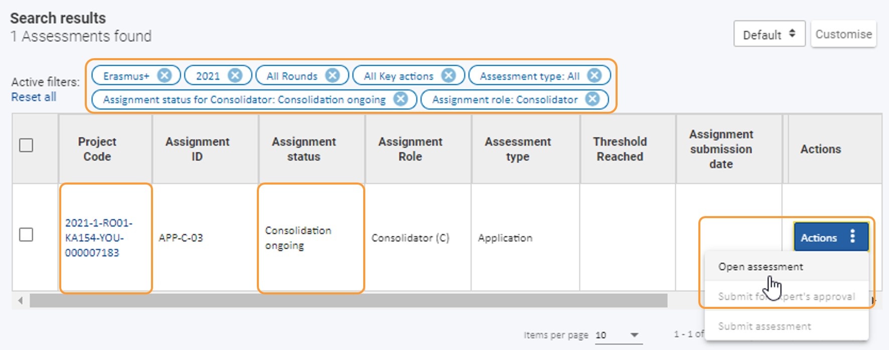 Filter your assignment(s) in status Consolidation ongoing and open the assignment to work on