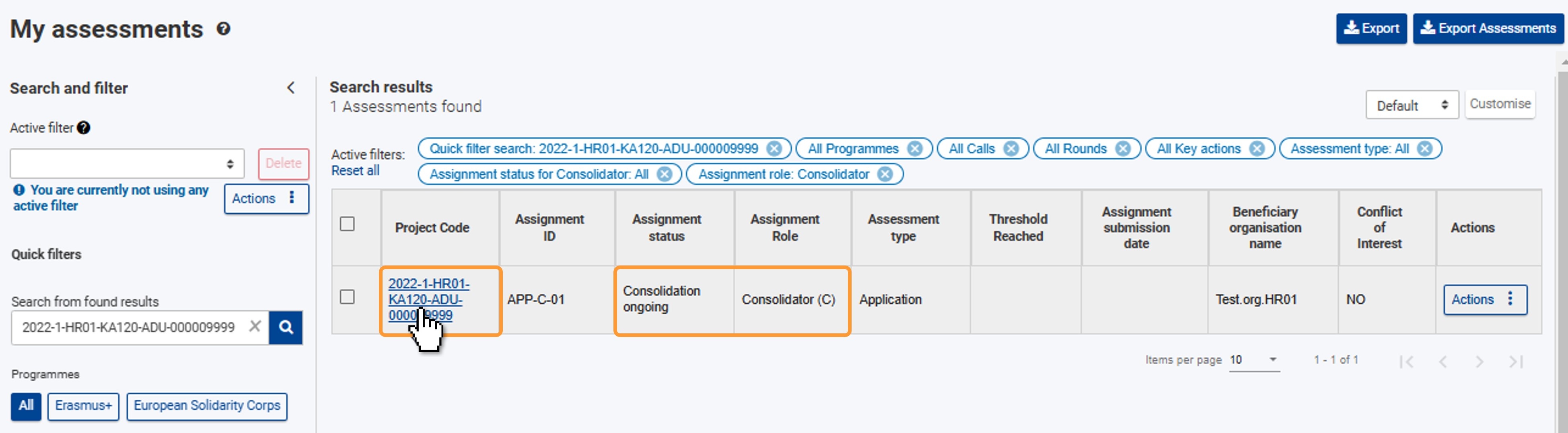 Filter your assignment(s) in status Consolidation ongoing and open the assignment to work on