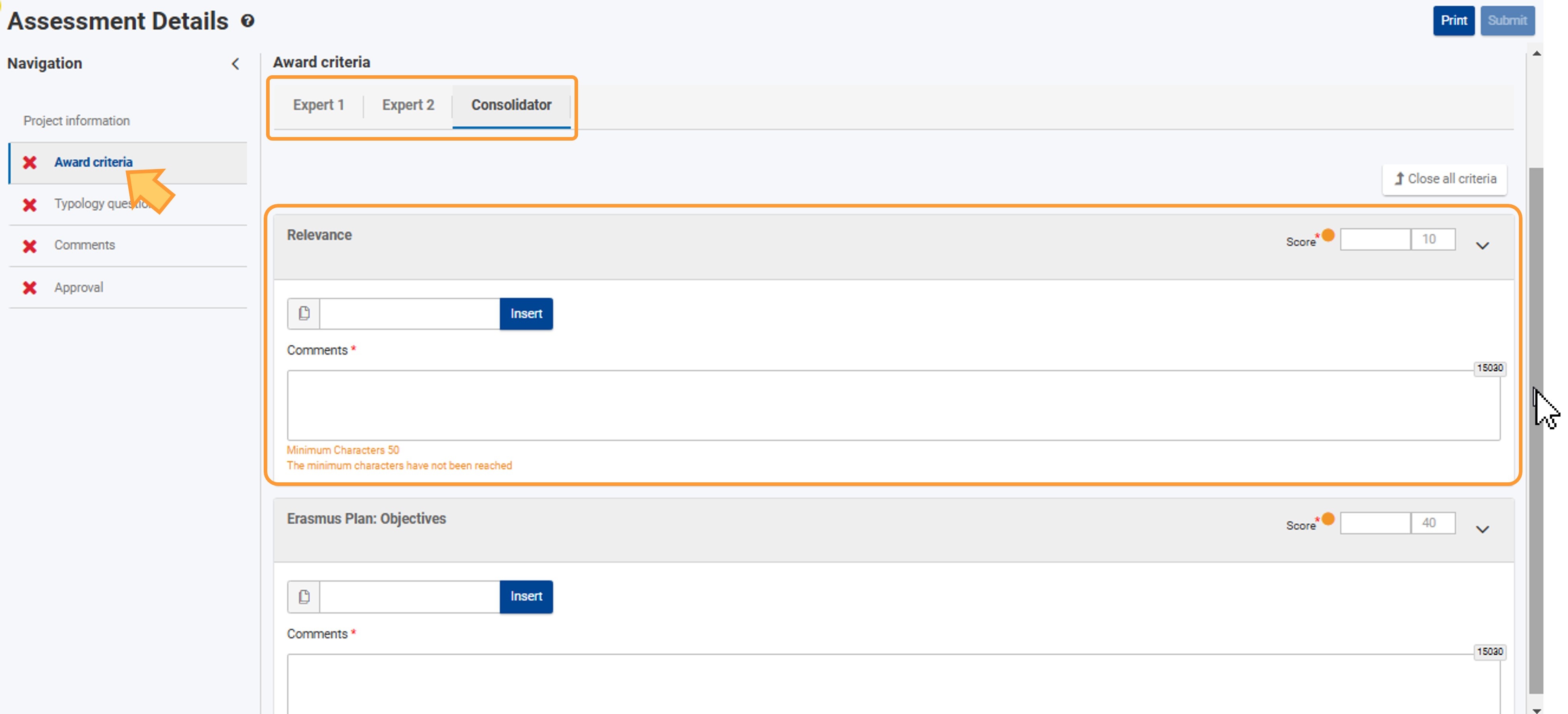 Award Criteria in consolidator assignment
