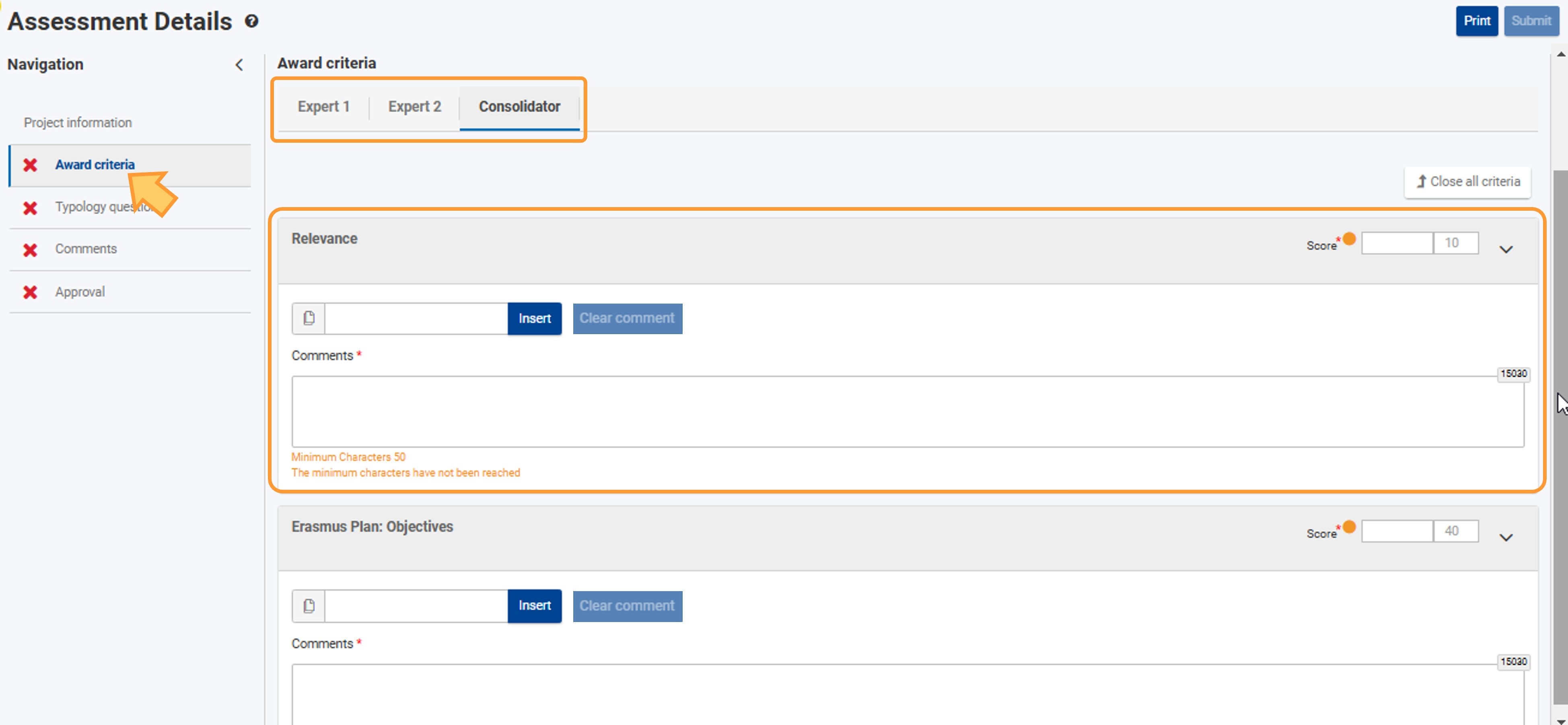 Award Criteria in consolidator assignment