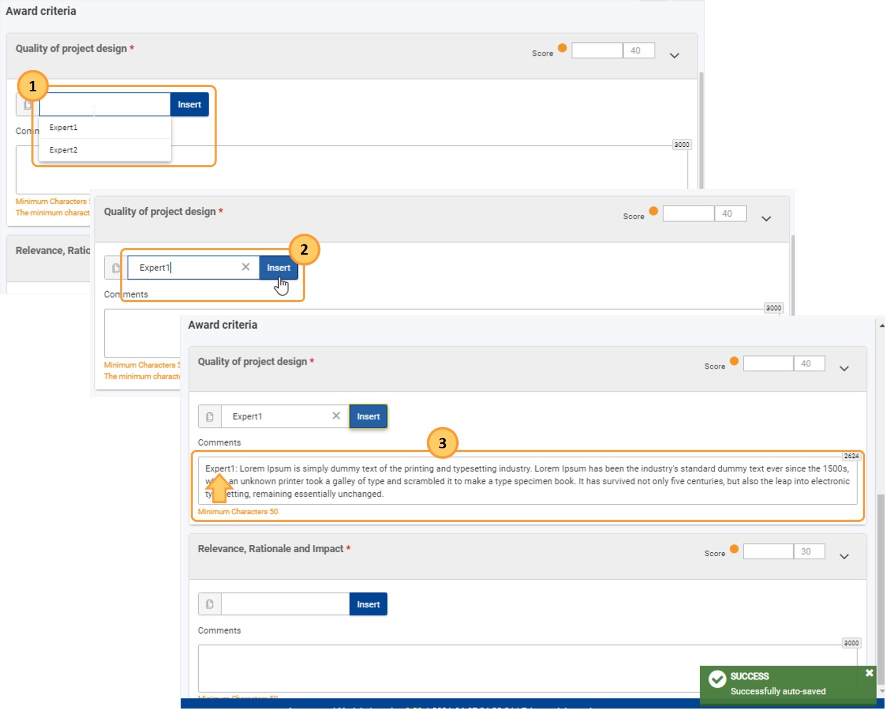 Complete all available Comments fields under Award criteria using the Insert functionality