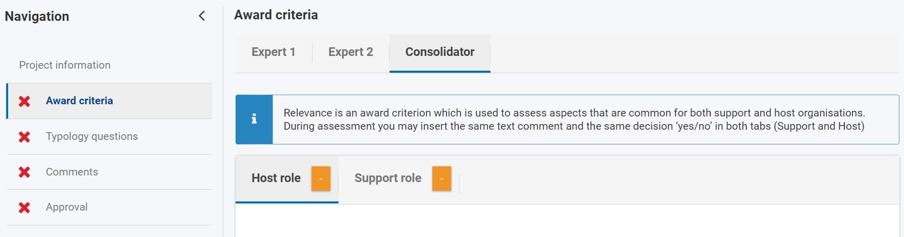 Subtabs in application assessment for Host and Support role