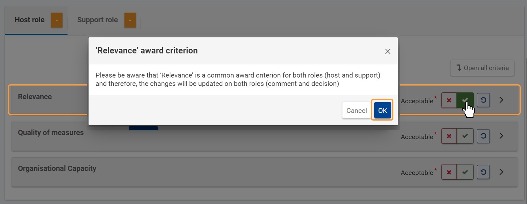 Pop-up for award criterium Relevance in an assessment for the Host and Support role