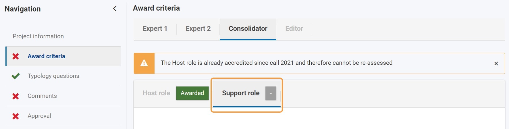 Sub tabs in application assessment for Support role, where Host role attained in previous year