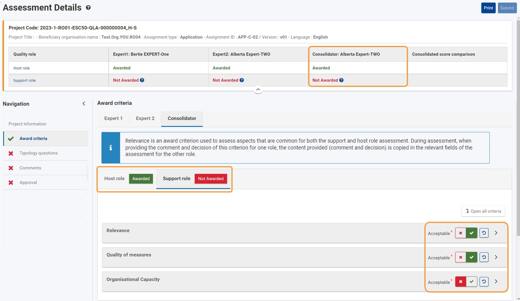 Example for outcome of assessment, Host role is indicated as Awarded and the Support role as Not Awarded