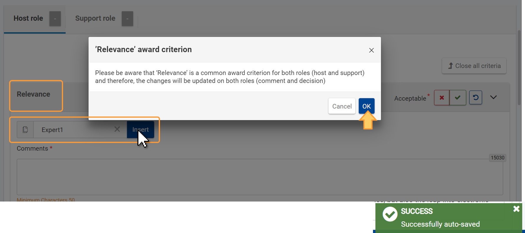 Pop-up for award criterium Relevance in an assessment for the Host and Support role