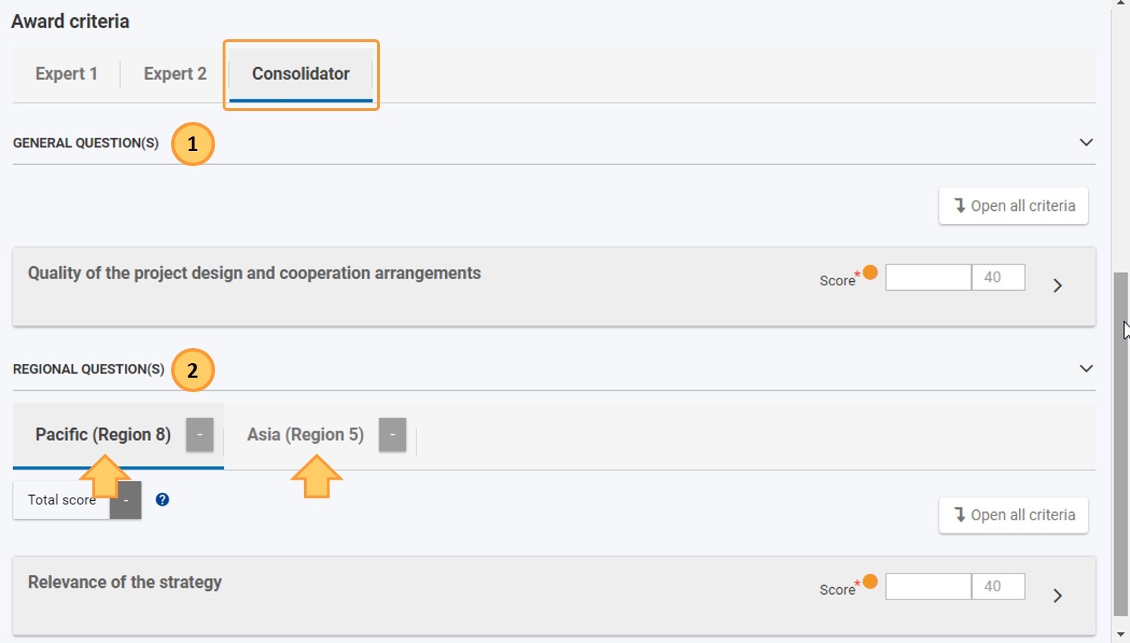 Award criteria example in Consolidator assignment
