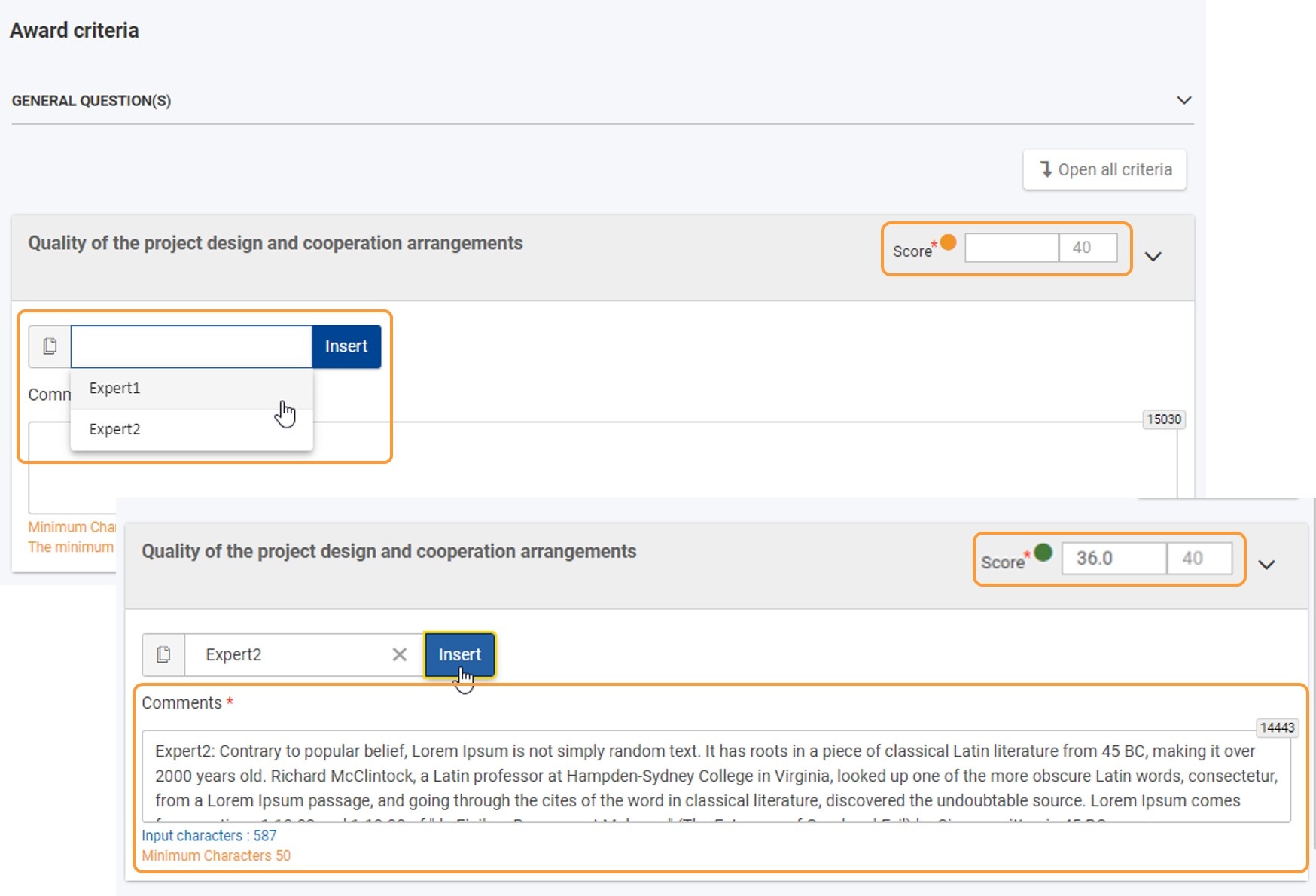 Provide Comments and Scores for Award criteria