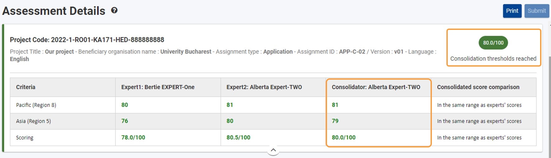 Overview table in header of Assessment details updated with outcome