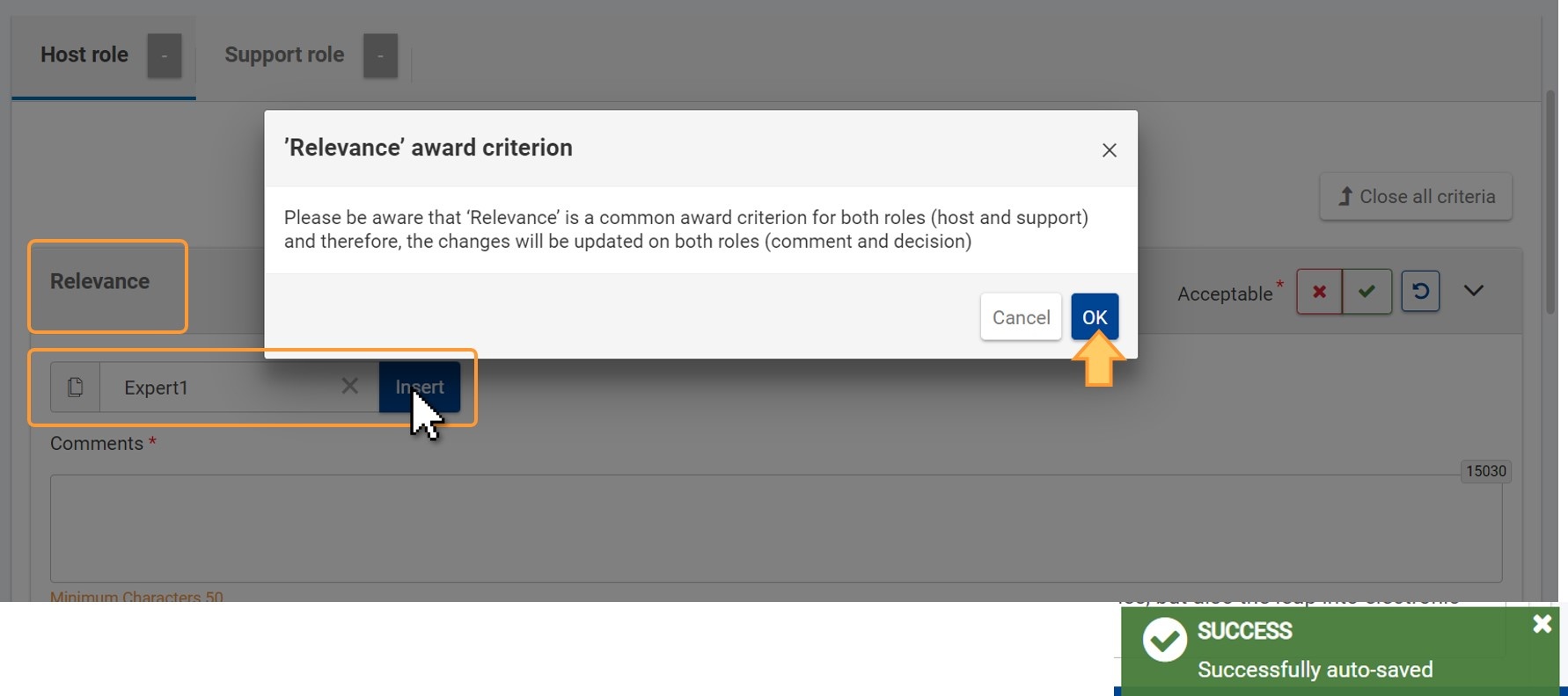 Pop up for award criterion Relevance displays when inserting expert comments