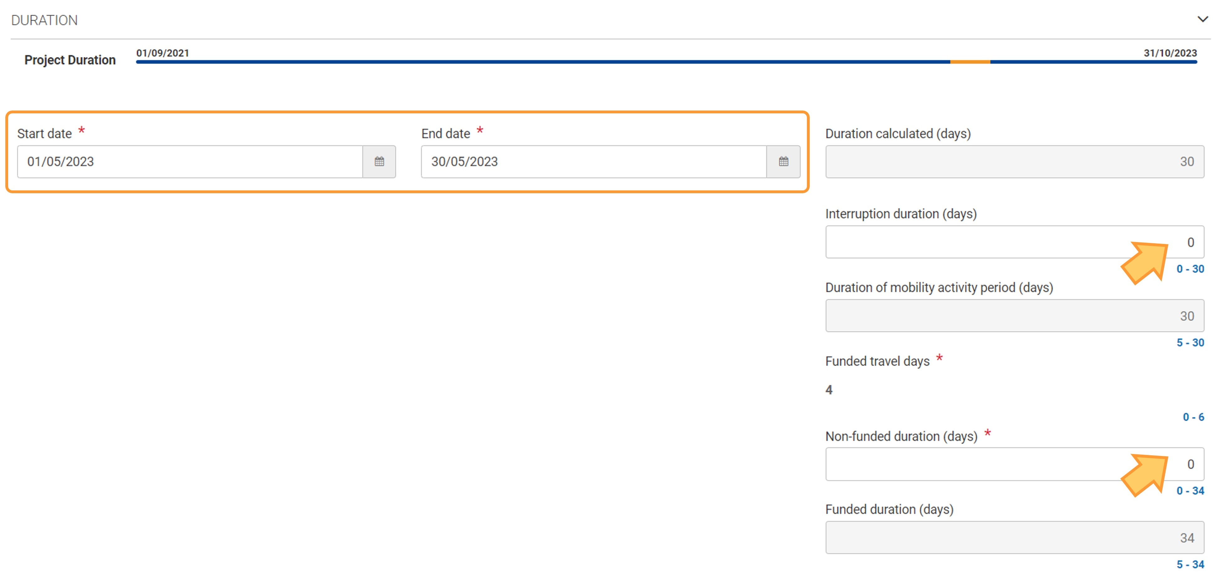 Duration section in a student mobility activity without a virtual component