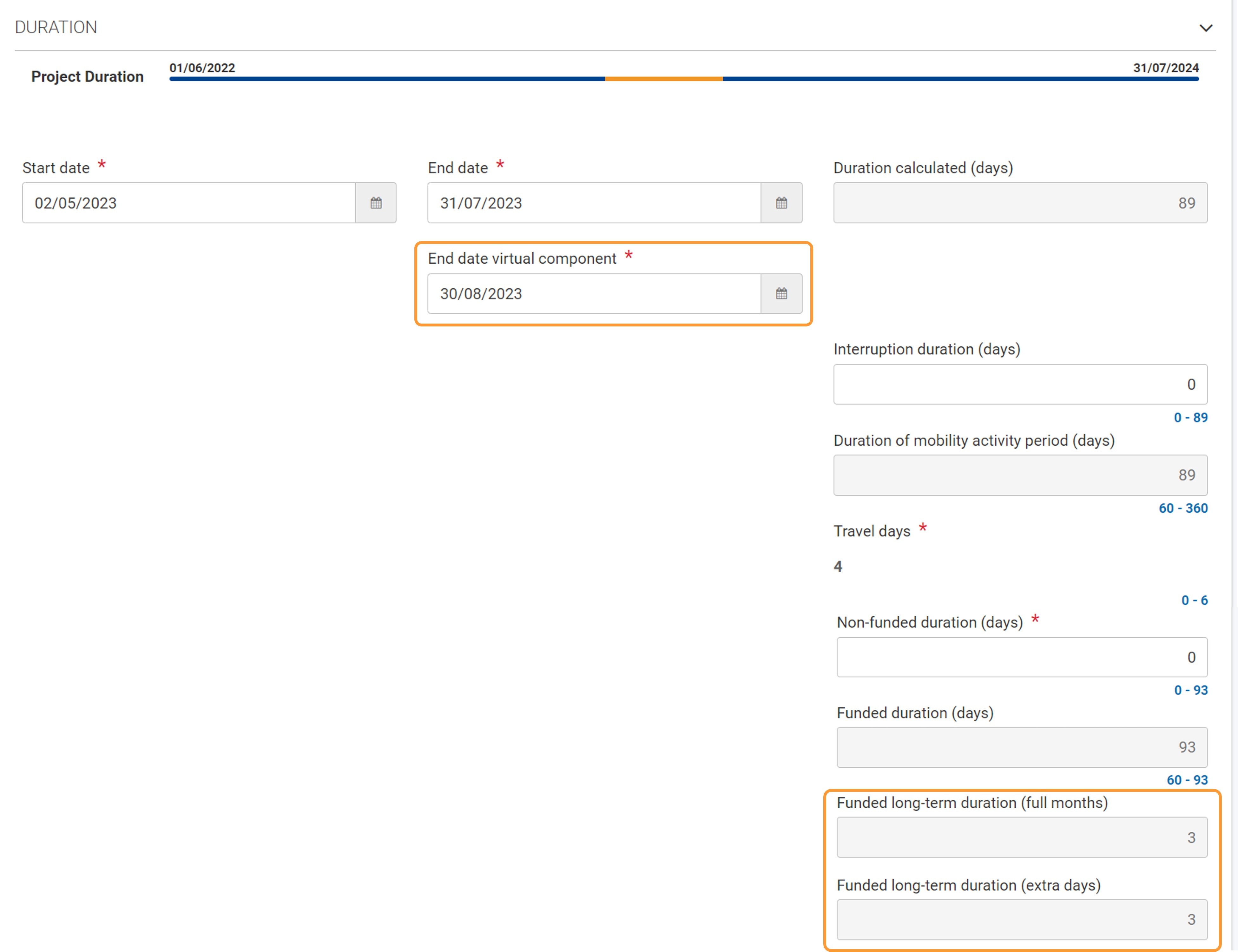 Duration section in a long-term student mobility activity with a virtual component