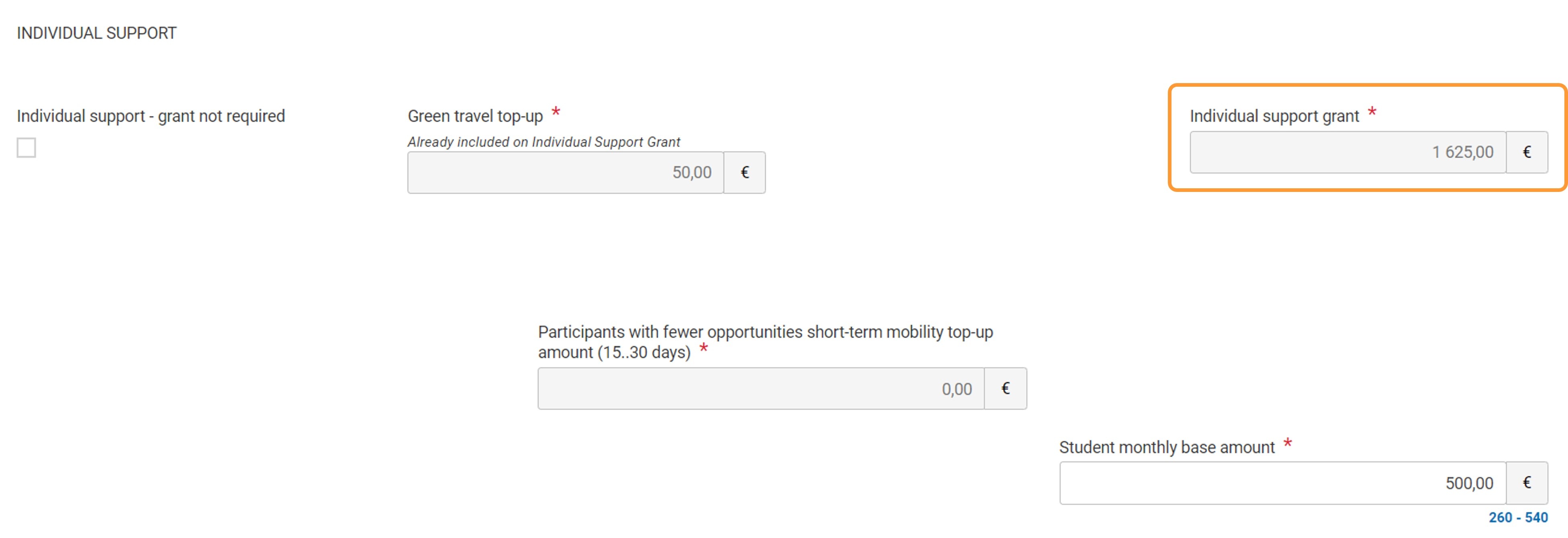 The Individual support grant is calculated automatically and displayed in the Duration section of the mobility activity 