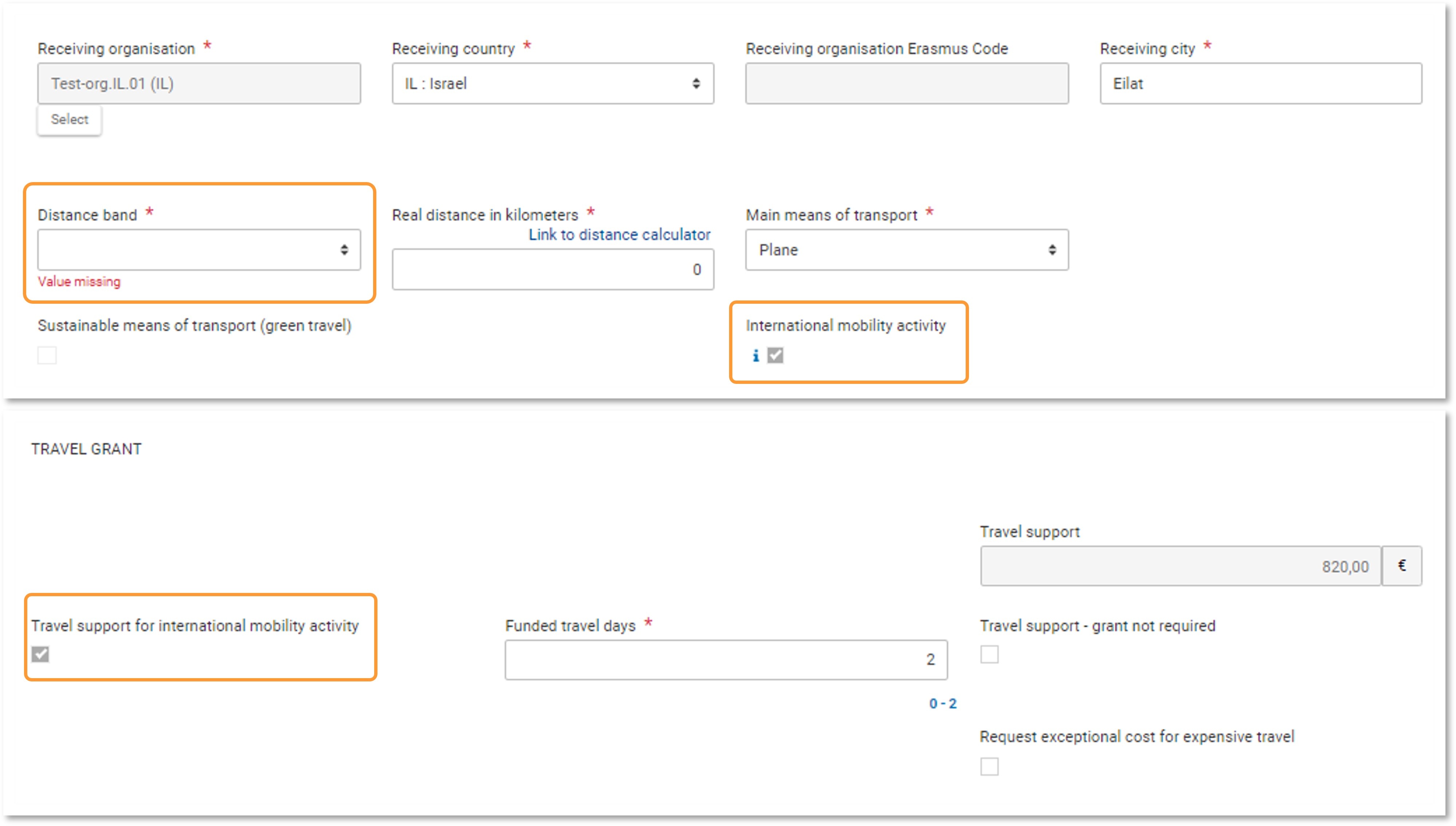 Example of International mobility activity flag with Distance band and Travel Support for International Mobility activity flag