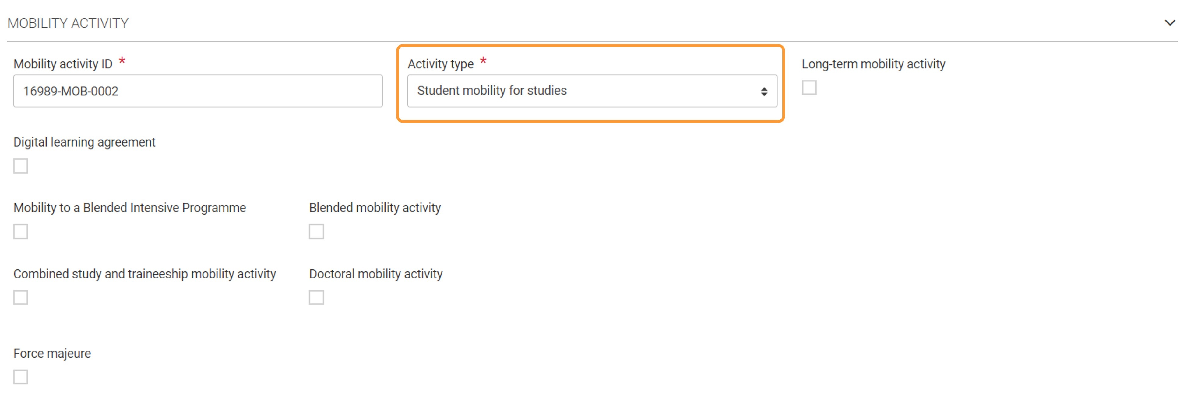 Mobility Activity section including the flags available for a Student mobility for studies in a call 2022 project